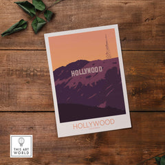 Hollywood Print California poster featuring the iconic Hollywood sign at sunset, perfect for travel art decor.