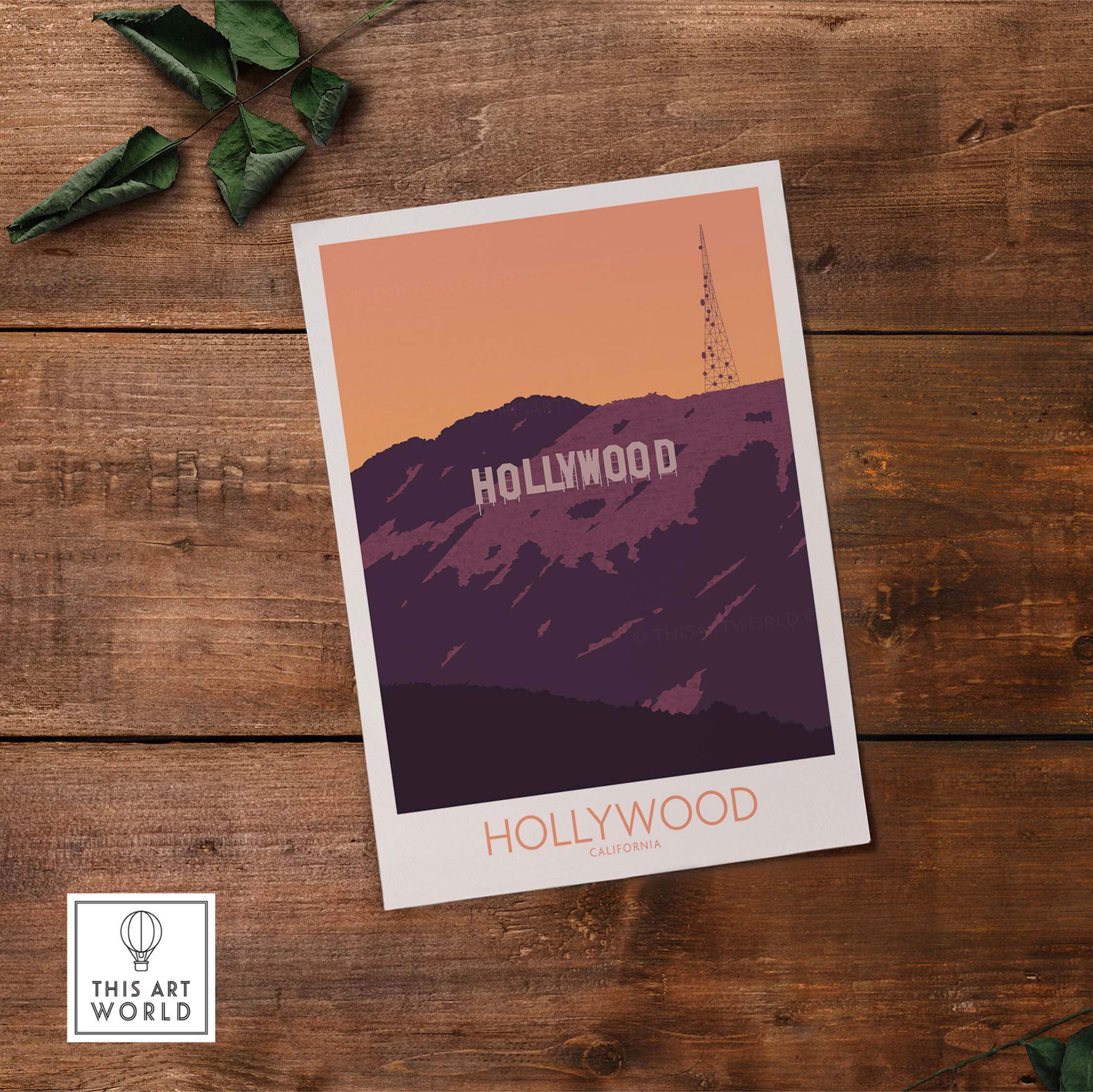 Hollywood Print California poster featuring the iconic Hollywood sign at sunset, perfect for travel art decor.