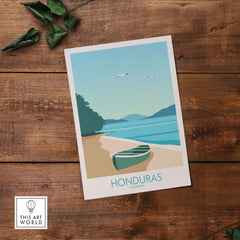 Honduras Caribbean travel poster print showcasing a beach, boat, and serene landscape for stylish wall art.