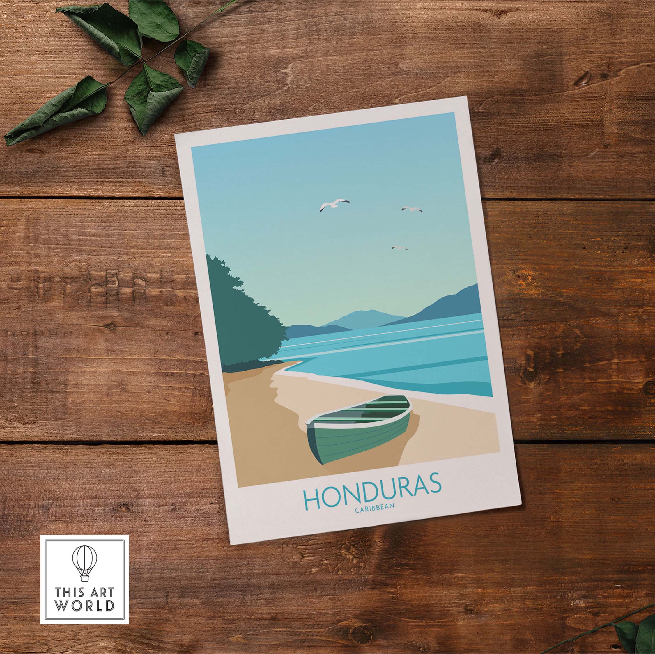 Honduras Caribbean travel poster print showcasing a beach, boat, and serene landscape for stylish wall art.