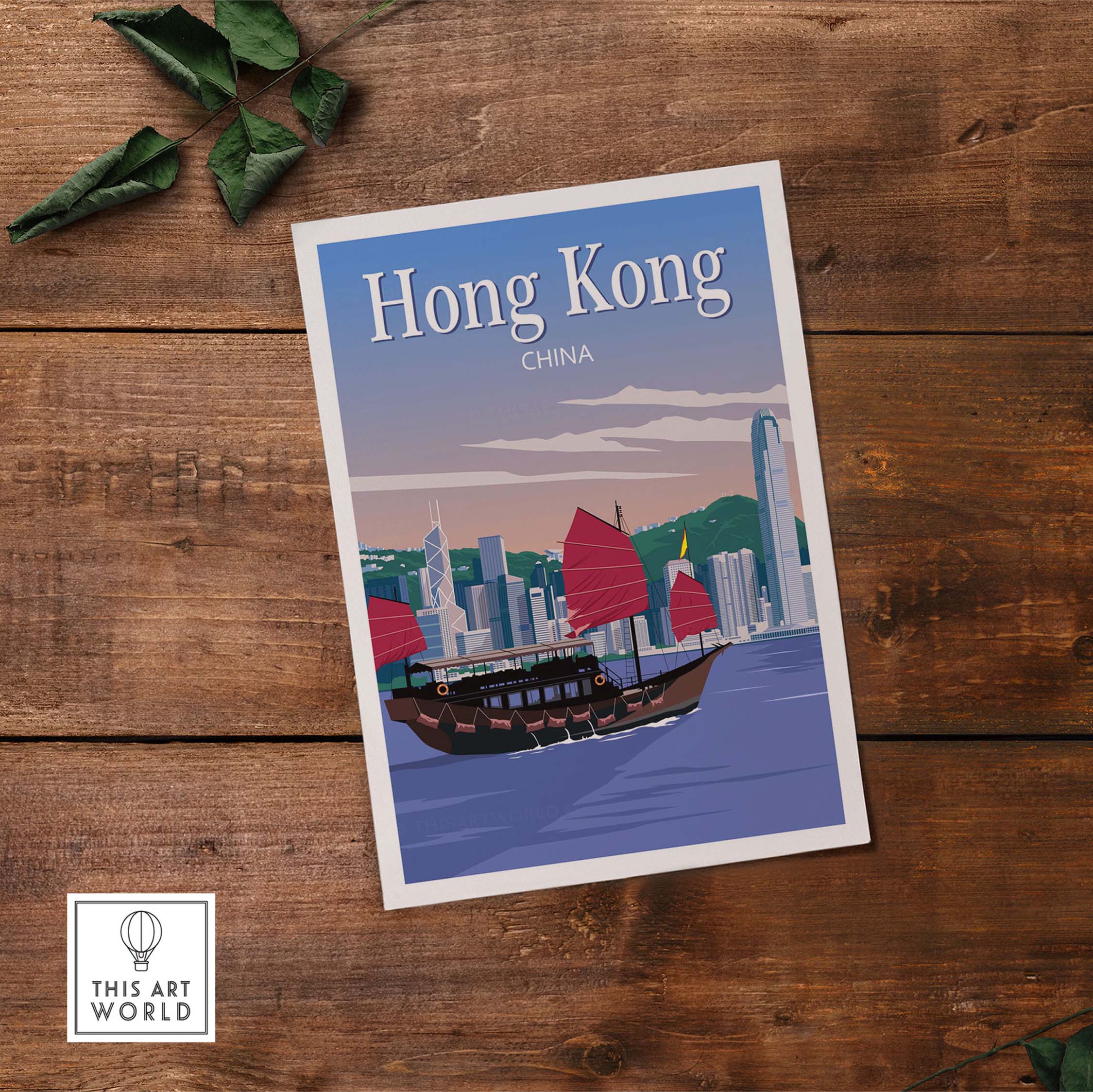 Hong Kong travel poster print showcasing cityscape with traditional boat and vibrant sails, minimalist vintage style.