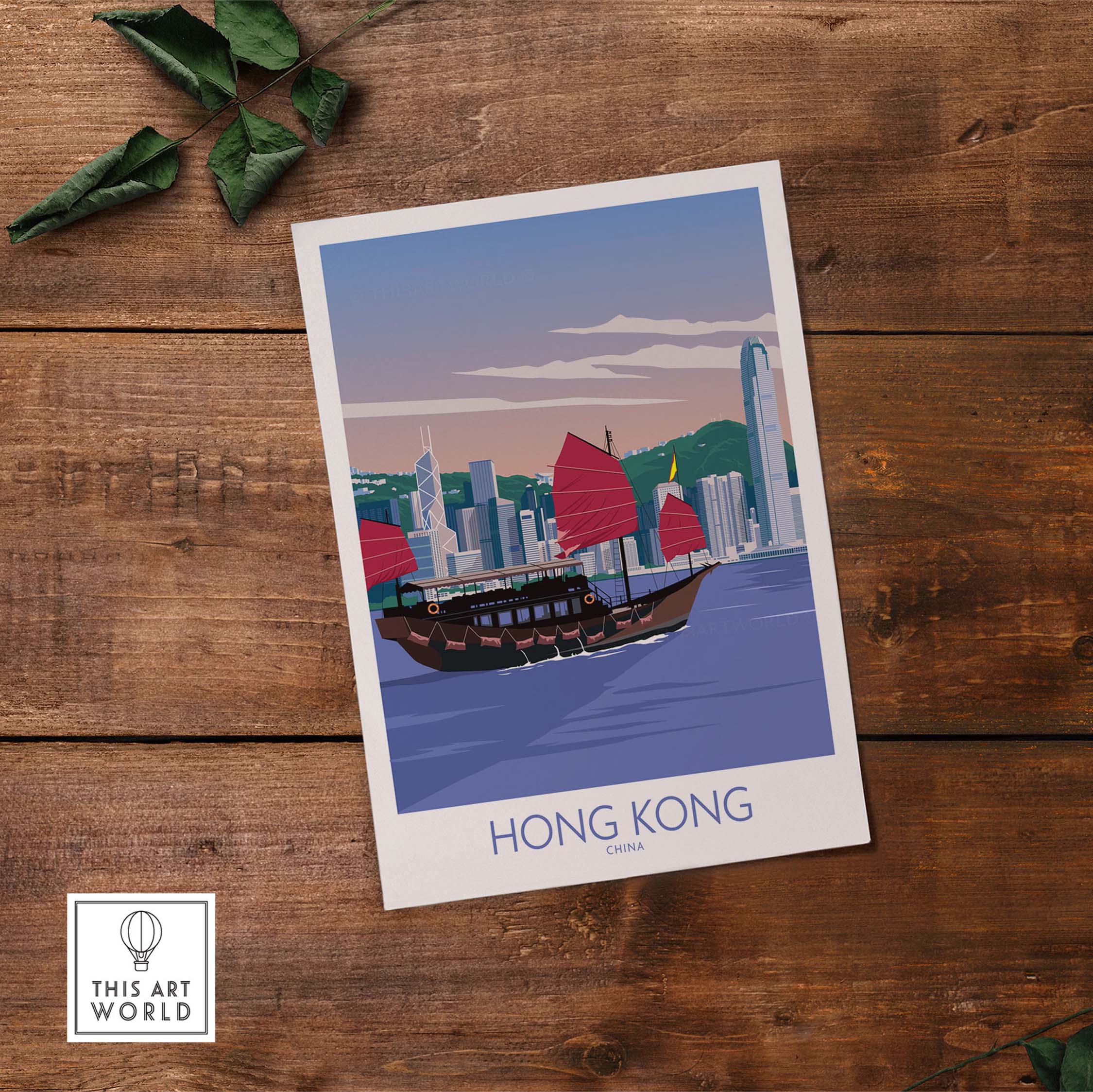 Hong Kong travel poster print with a traditional junk boat and skyline, featuring a nostalgic minimalist design.