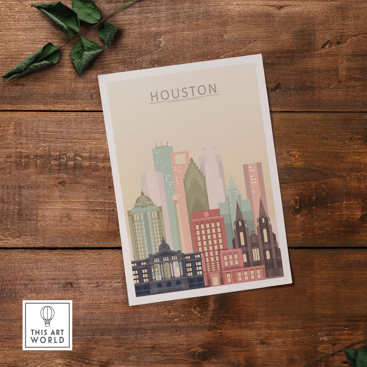 Houston Skyline Print featuring iconic buildings in warm pastel colors, perfect for stylish wall art.