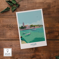 Hvar Print Croatia travel poster featuring a scenic view of the Dalmatian coast with boats on turquoise water.