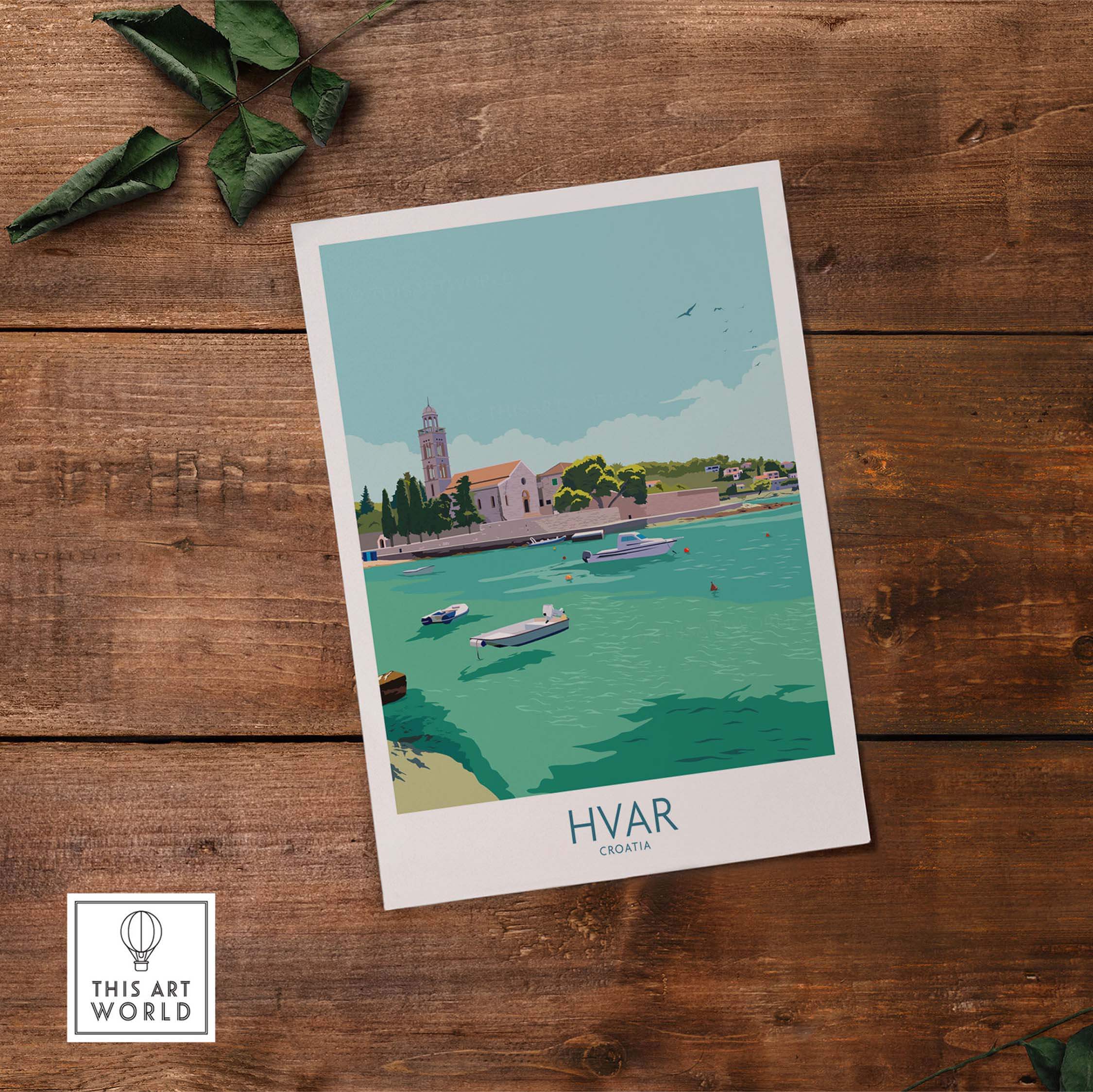 Hvar Print Croatia travel poster featuring a scenic view of the Dalmatian coast with boats on turquoise water.