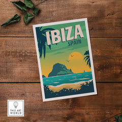Ibiza Poster Wall Art Print featuring vibrant tropical design, vintage style, and scenic sunset view.