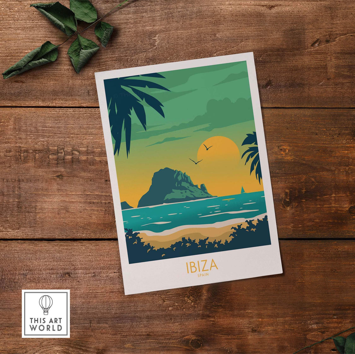 Ibiza Print Travel Poster showcasing a beach sunset, palm trees, and vintage travel art style, perfect for home decor.