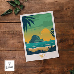 Ibiza Print Travel Poster showcasing a beach sunset, palm trees, and vintage travel art style, perfect for home decor.