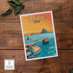 Ibiza Print Spain Sunset Poster showcasing vintage travel art with vibrant colors and scenic waters.