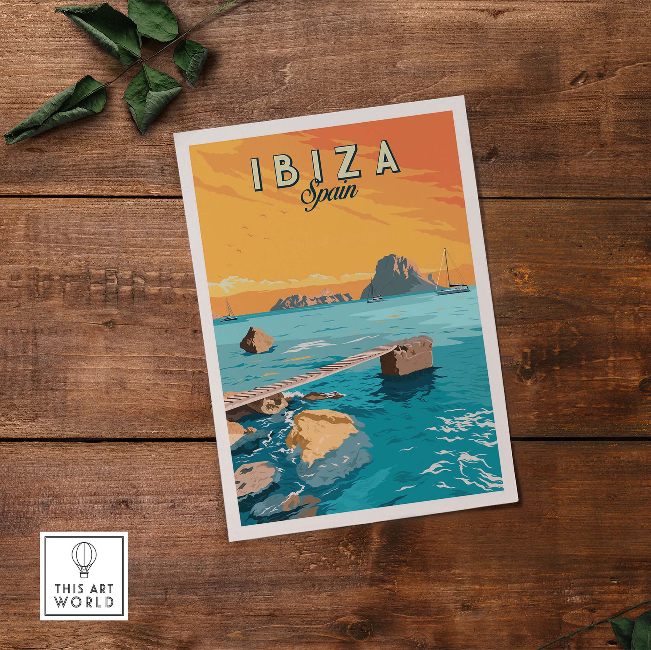 Ibiza Print Spain Sunset Poster showcasing vintage travel art with vibrant colors and scenic waters.