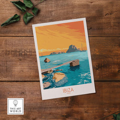 Ibiza Poster Island Wall Art featuring a colorful sunset over the sea, inspired by vintage travel aesthetics.