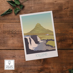 Iceland Print Travel Poster featuring a scenic waterfall and mountain landscape in vintage style.