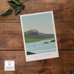 Isle of Skye poster print showcasing scenic landscape of Scotland, designed with a vintage travel style.