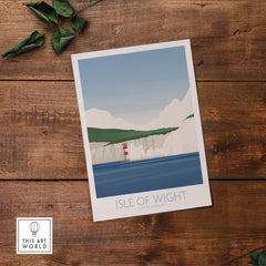Isle of Wight Print showcasing vintage-inspired travel art framed on a wooden surface, perfect for home or office decor.