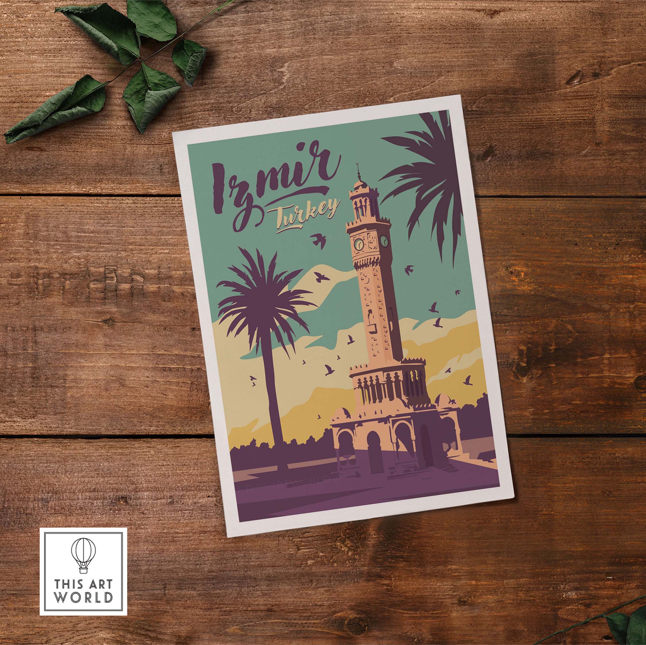 Izmir Print Turkey travel poster featuring a historic clock tower and palm trees, ideal for home or office decor.