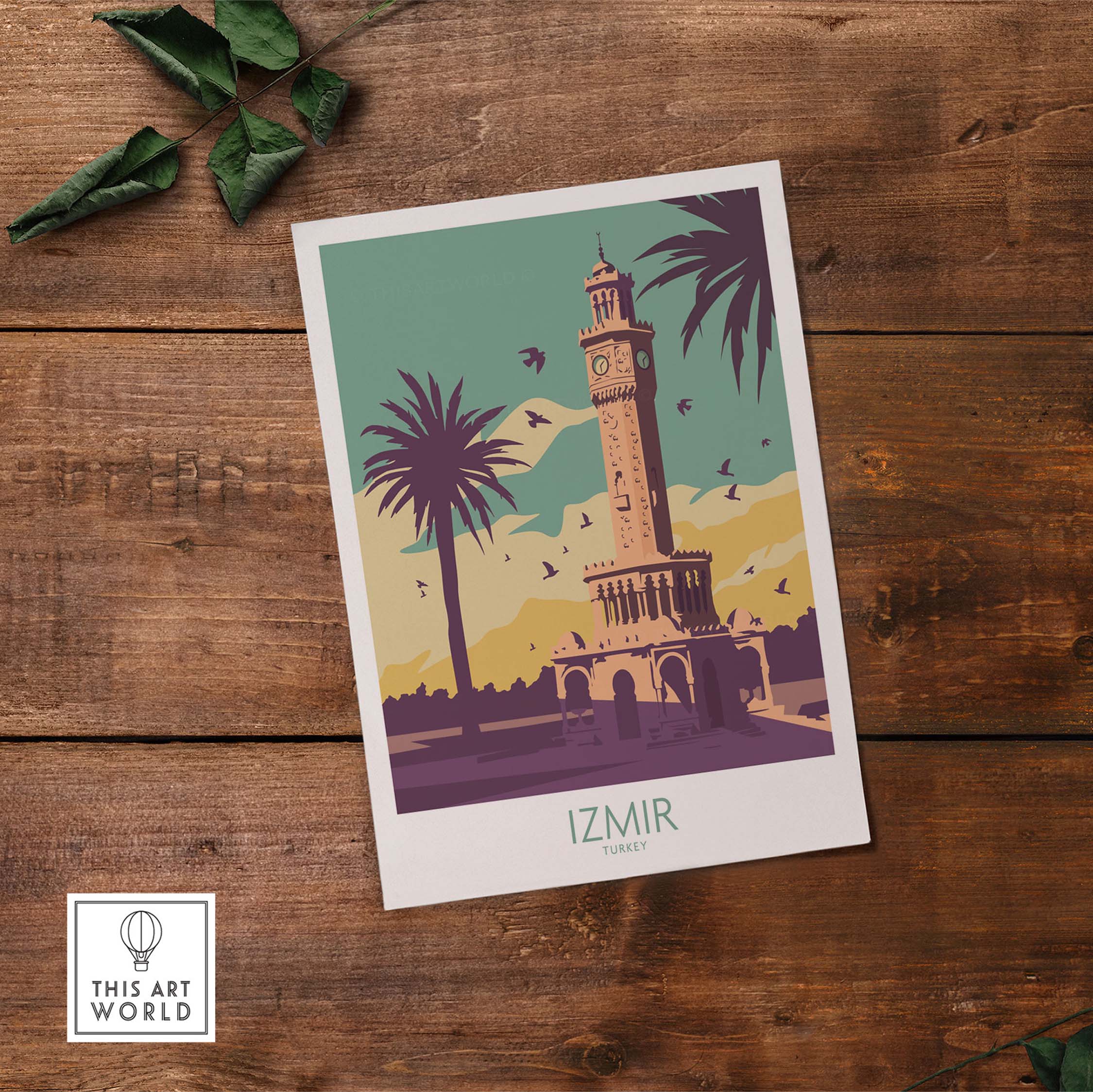Izmir poster wall art featuring a vintage design of the clock tower, palm trees, and birds, perfect for travel enthusiasts.