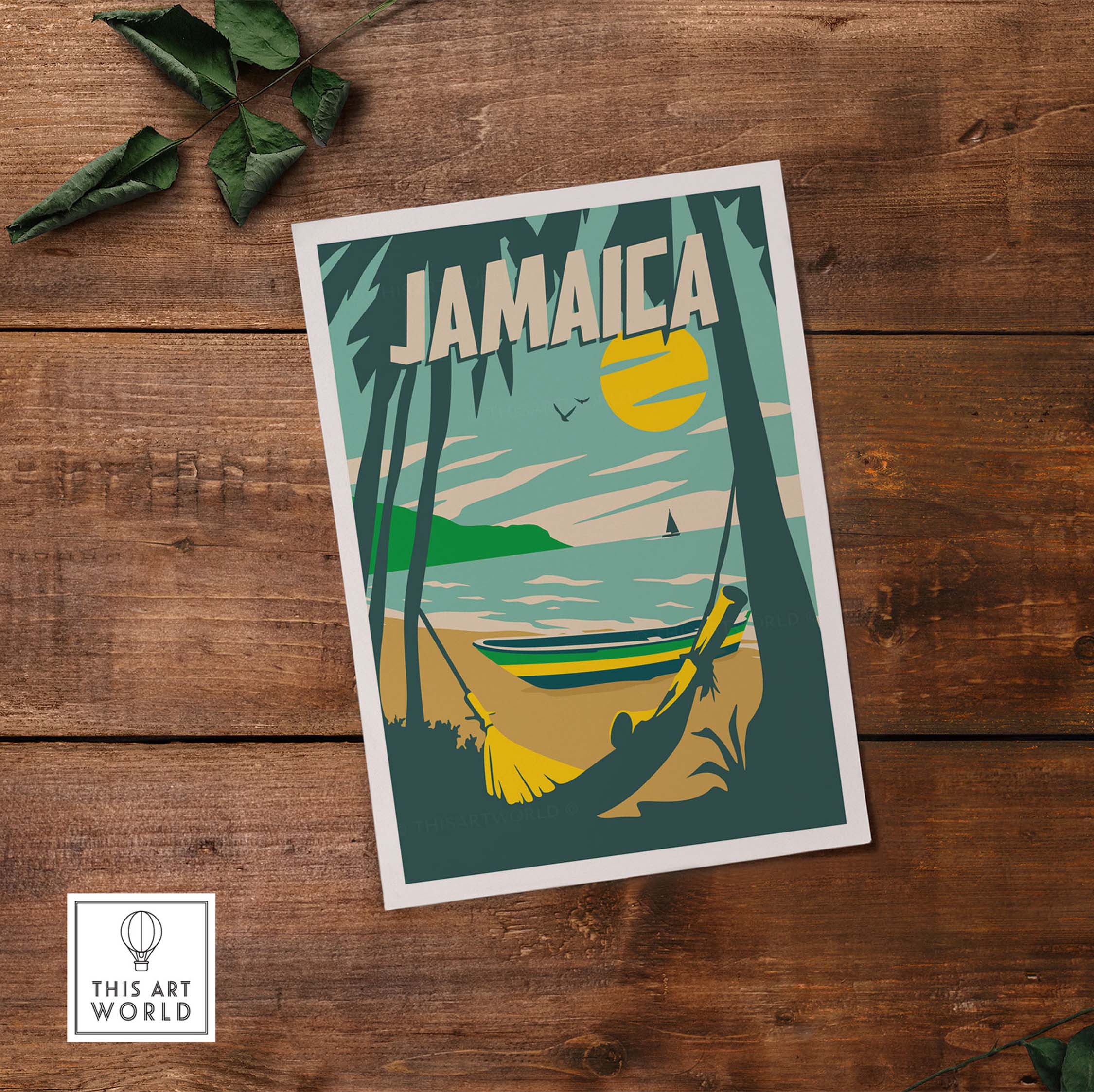 Jamaica Print Beach Poster featuring a vintage-style hammock scene with vibrant colors and tropical elements.