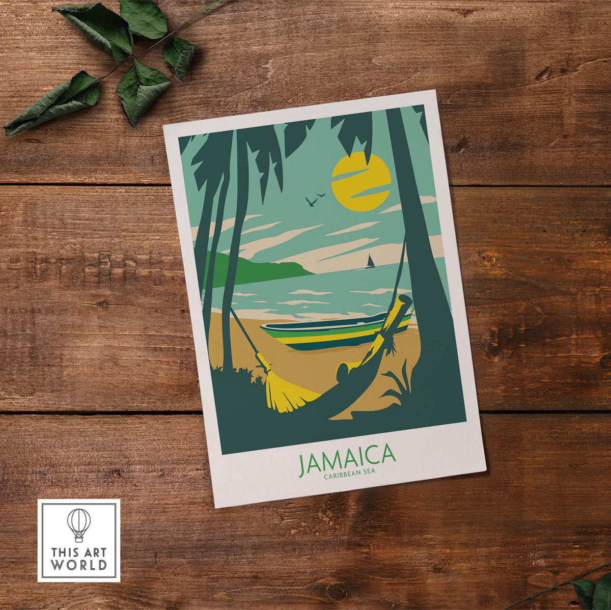 Jamaica Retro Poster featuring a hammock, beach, and boat design, inspired by vintage travel art.