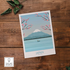 Japan Print Mount Fuji Poster featuring cherry blossoms and a tranquil lake scene, perfect for home decor.