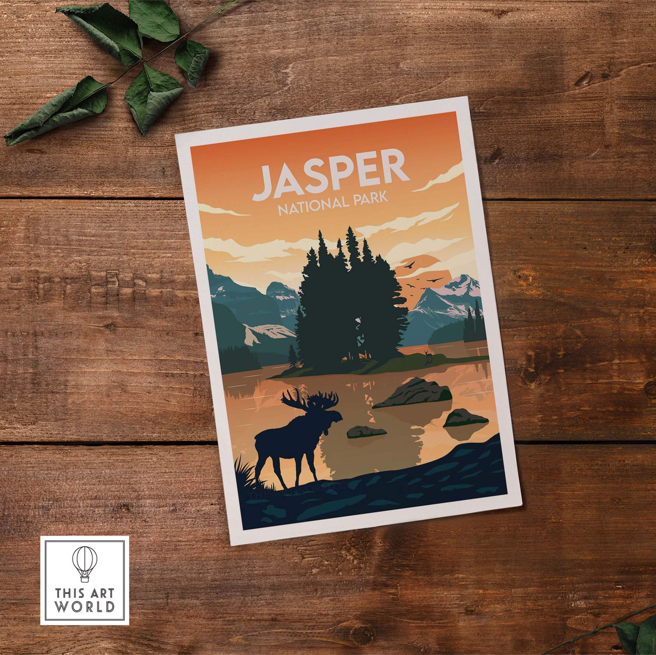 Jasper National Park Poster featuring mountains, trees, and a moose in a minimalist design, perfect for nature lovers.