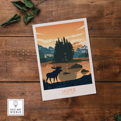 Jasper National Park poster art print showcasing a moose by a tranquil lake with mountains in the background, minimalist design.