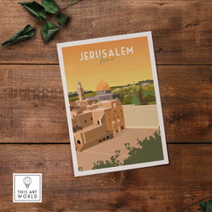 Vintage-inspired Jerusalem print featuring a minimalist design with warm colors and iconic architecture.