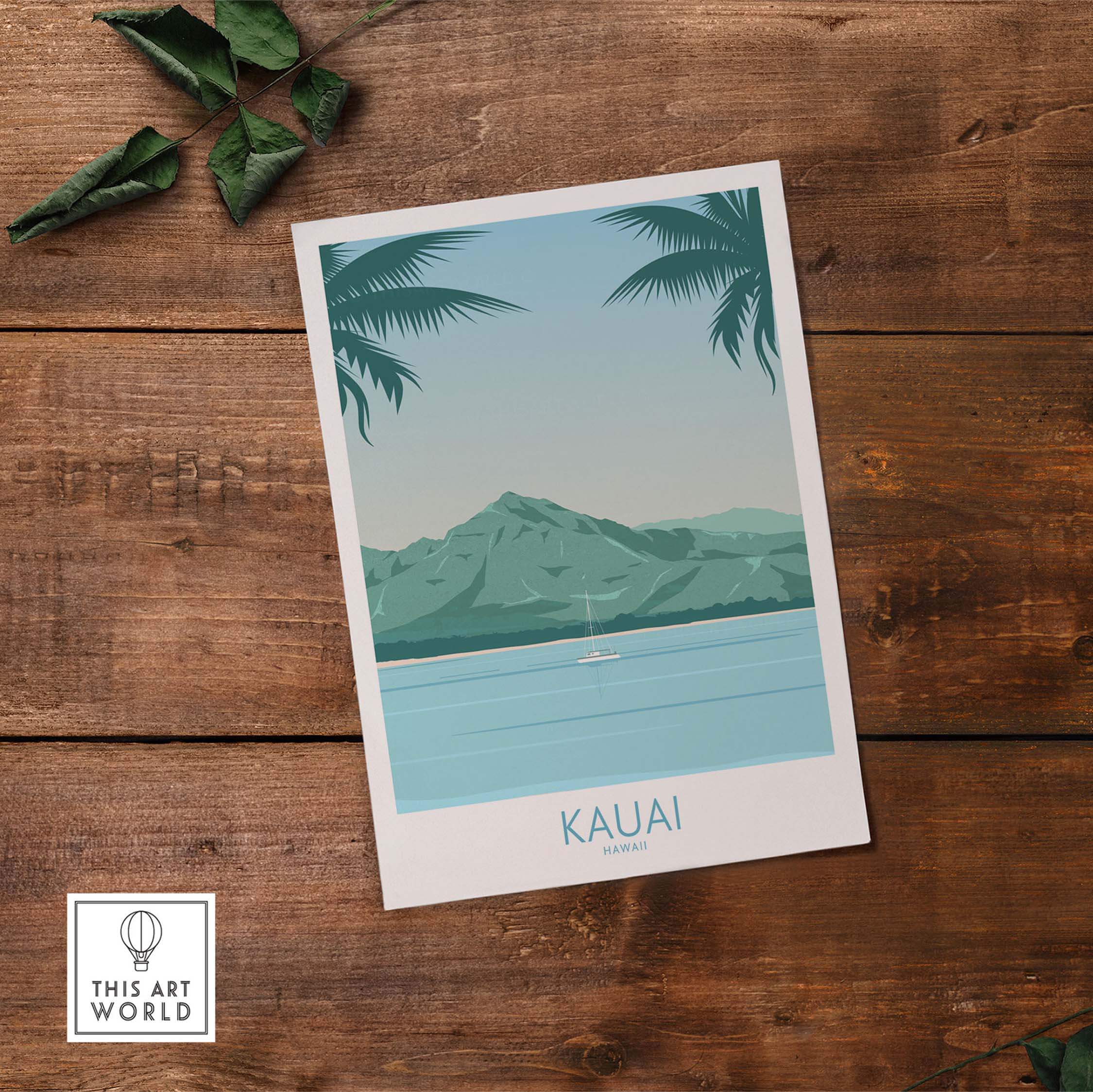 Kauai Print Hawaii Island Beach Poster featuring serene ocean view and mountains, perfect for home or office decor.