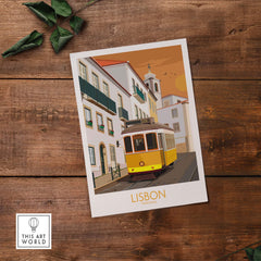 Lisbon Poster Portugal Print featuring a vintage tram on a scenic street, perfect for home or office decor.