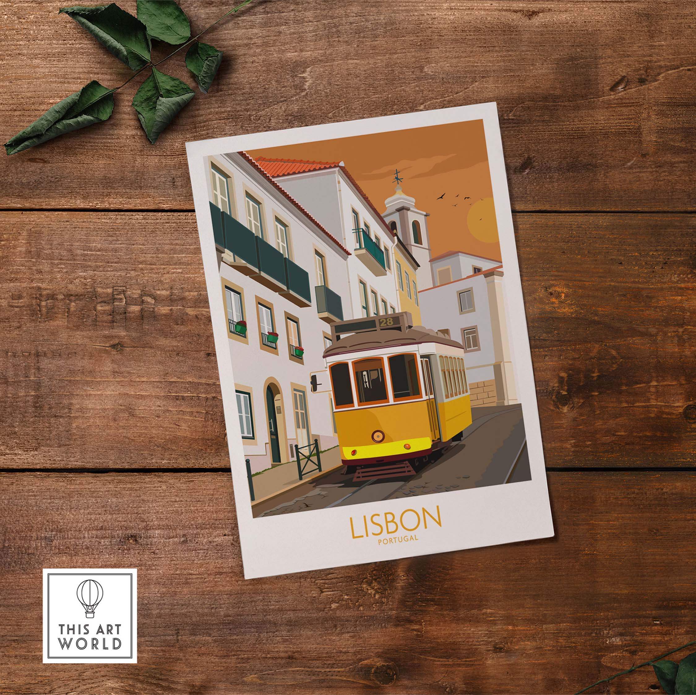 Lisbon Poster Portugal Print featuring a vintage tram on a scenic street, perfect for home or office decor.