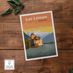 Lac Léman Switzerland art print featuring a vintage castle and serene lake landscape.