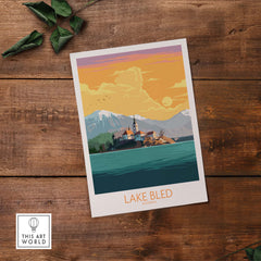 Lake Bled poster featuring a vintage design of Slovenia's iconic lake and mountains, perfect for home decor.