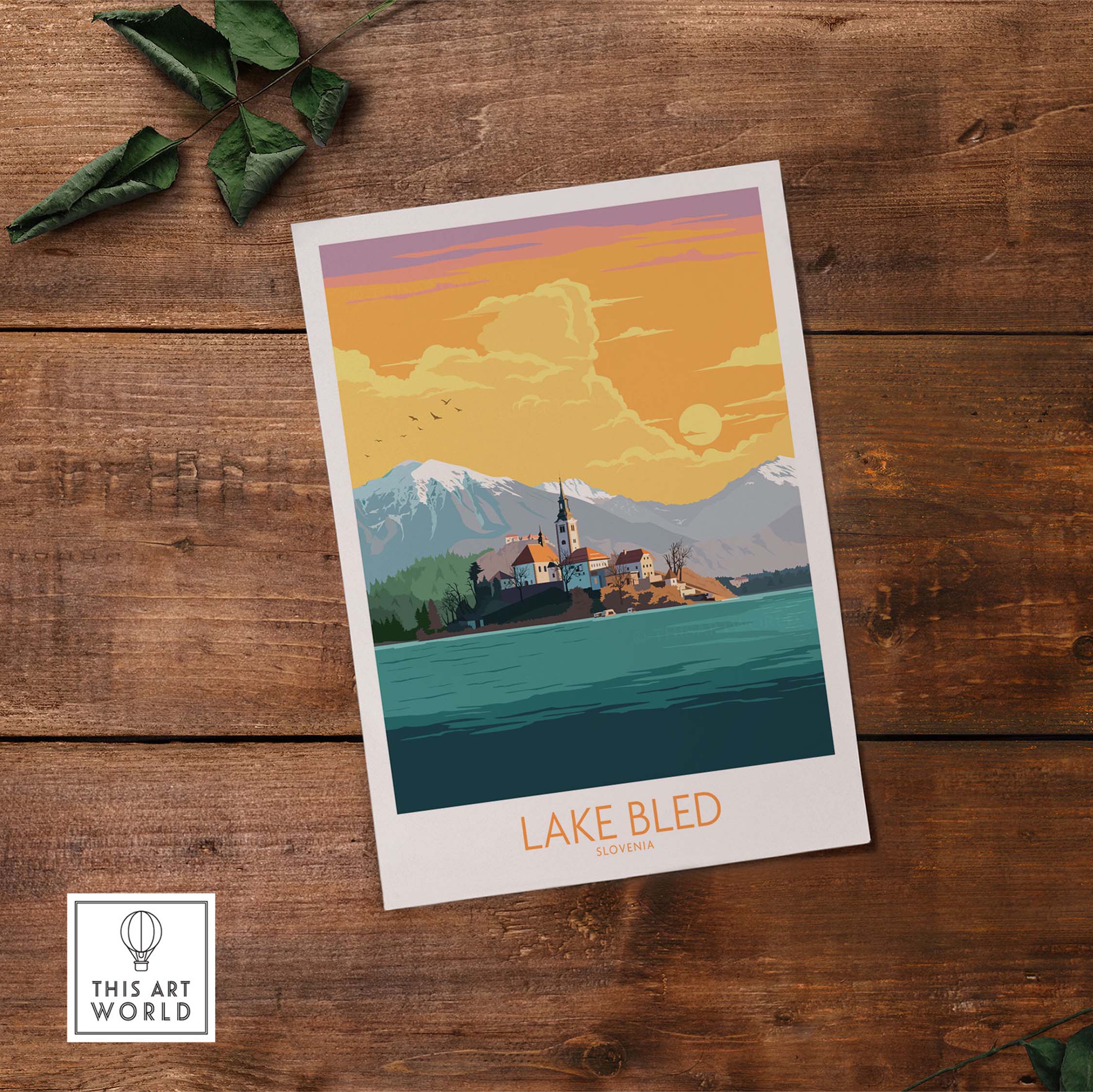 Lake Bled poster featuring a vintage design of Slovenia's iconic lake and mountains, perfect for home decor.