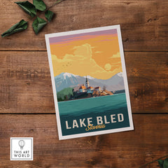 Lake Bled Print Slovenia, vintage-inspired travel poster showcasing breathtaking landscapes and vibrant colors.