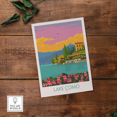 Lake Como Italy poster featuring serene lake views and vibrant colors in a minimalist design.