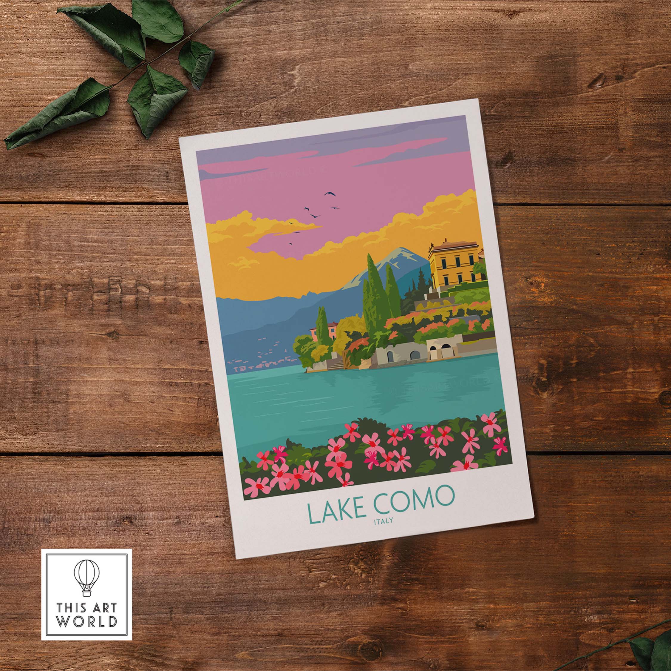 Lake Como Italy poster featuring serene lake views and vibrant colors in a minimalist design.