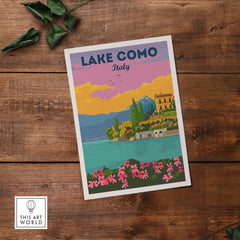 Lake Como Italy vintage travel poster art print showcasing colorful scenery and flowers.