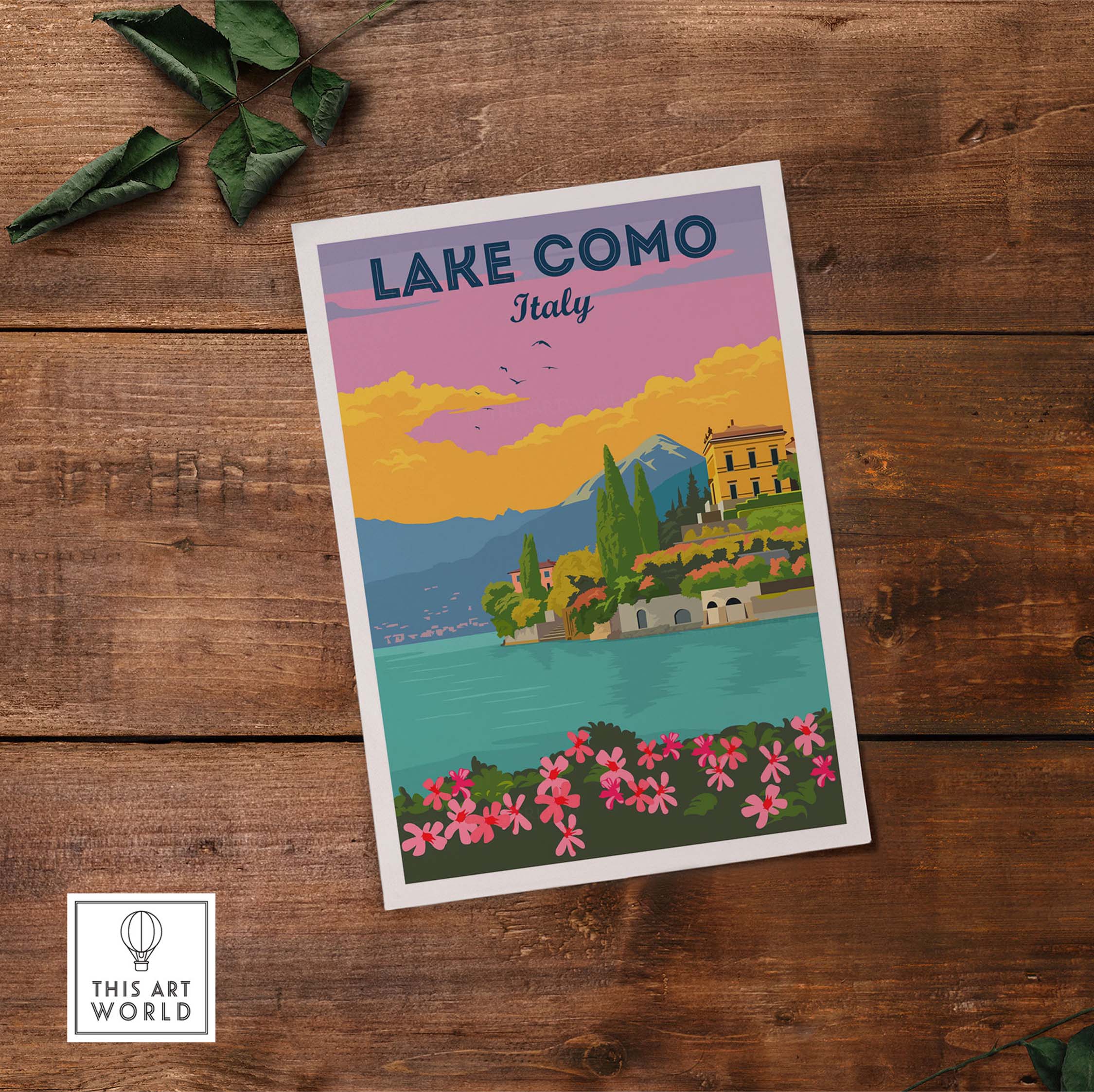 Lake Como Italy vintage travel poster art print showcasing colorful scenery and flowers.