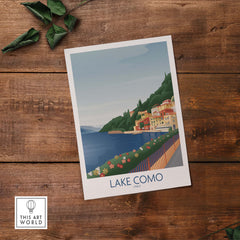 Lake Como Wall Art Print featuring vibrant vintage design showcasing Italy's scenic lakeside view.