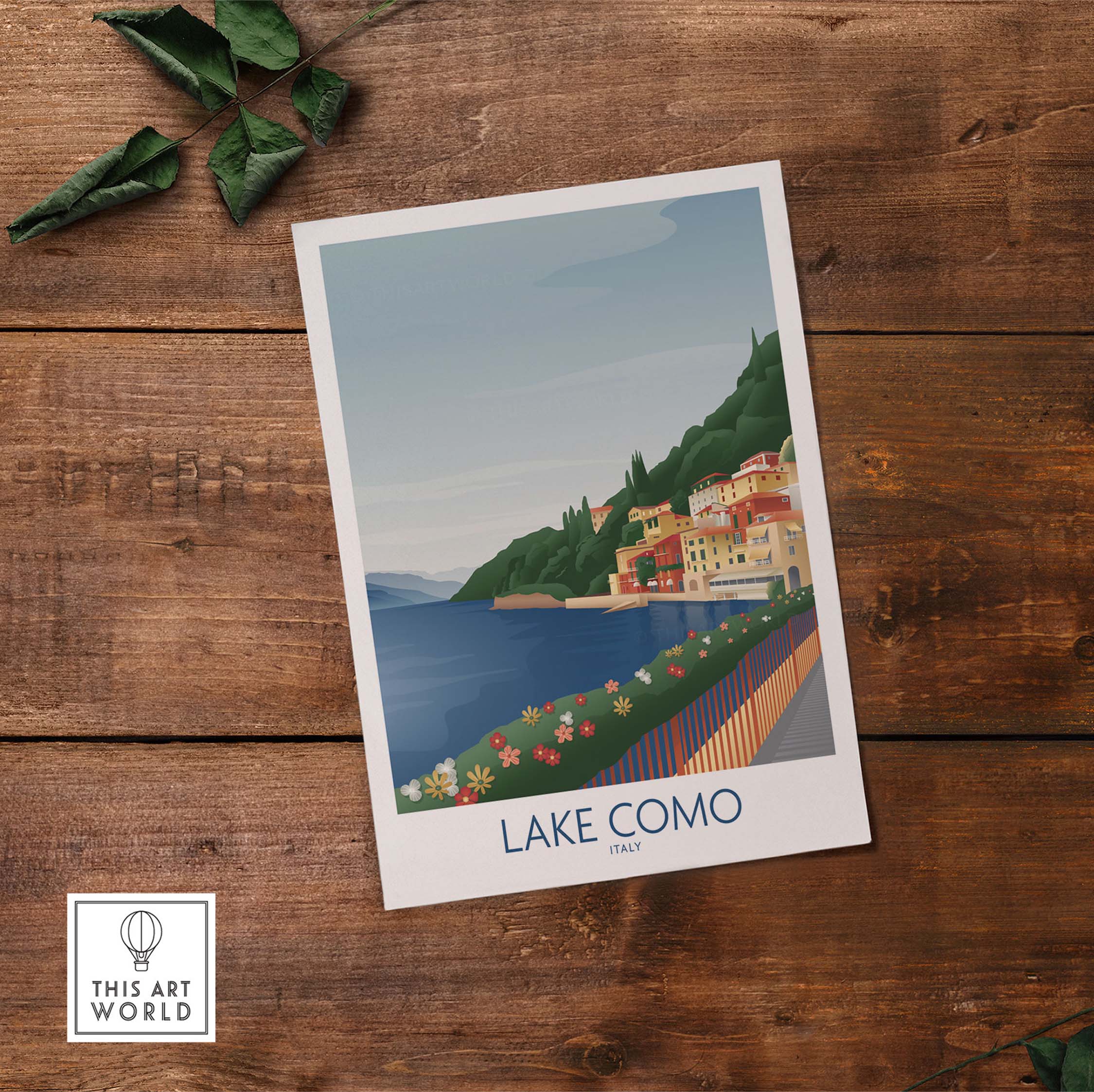 Lake Como Wall Art Print featuring vibrant vintage design showcasing Italy's scenic lakeside view.