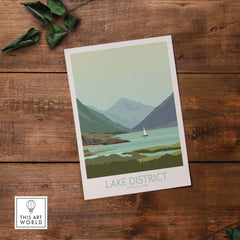 Vintage-inspired Lake District poster print showcasing serene lakes and mountains, perfect for home or office decor.