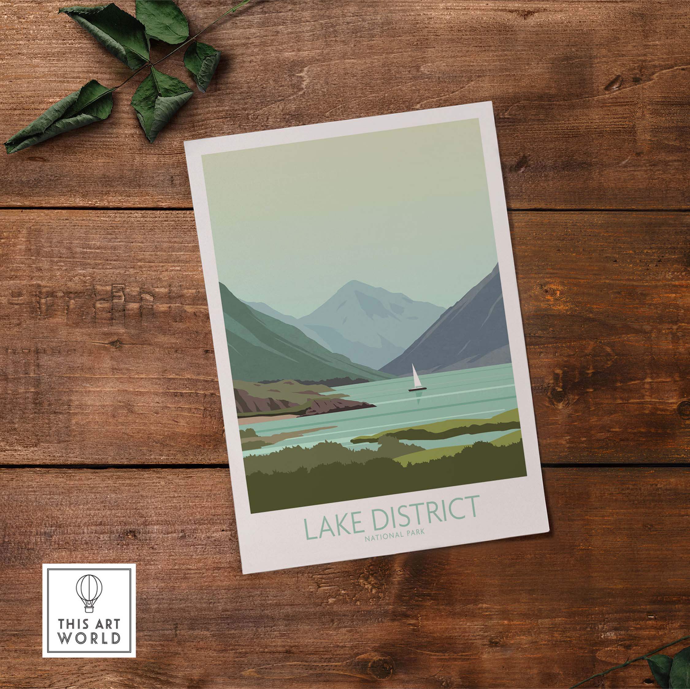 Vintage-inspired Lake District poster print showcasing serene lakes and mountains, perfect for home or office decor.