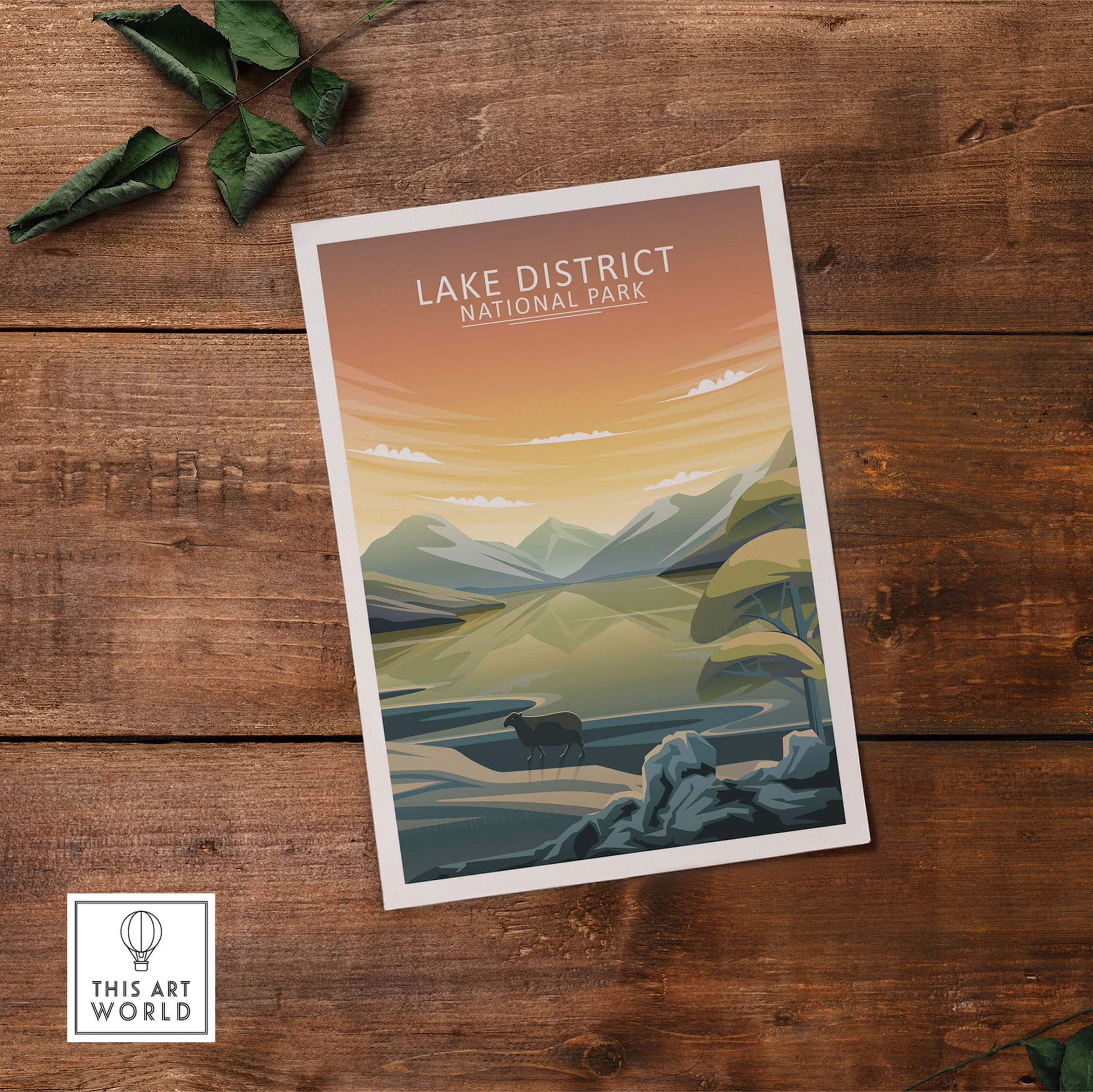 Lake District National Park print showcasing minimalistic landscape artwork on wooden background.