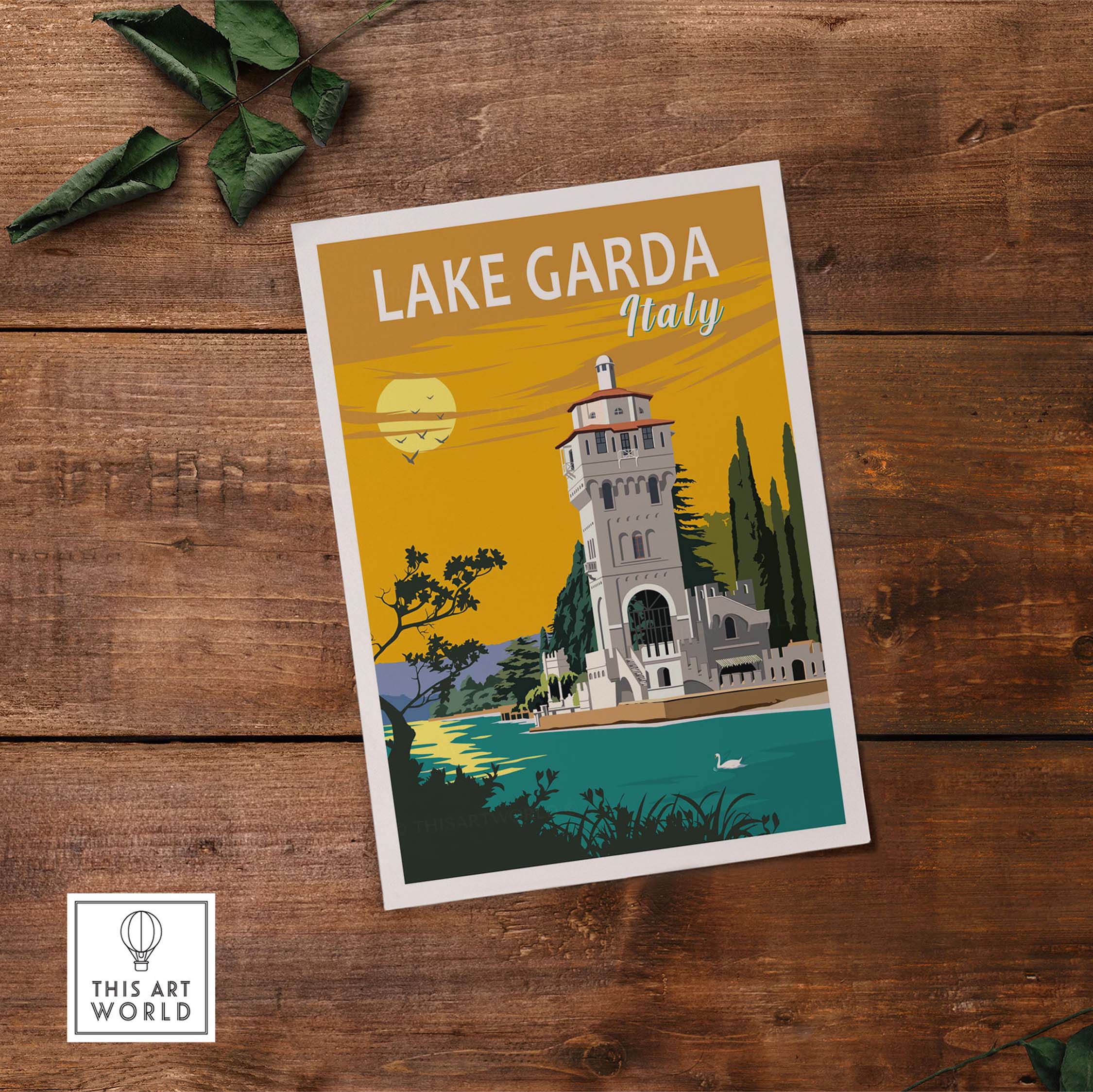 Lake Garda Print Italy Poster featuring vintage-inspired artwork of a lakeside building.