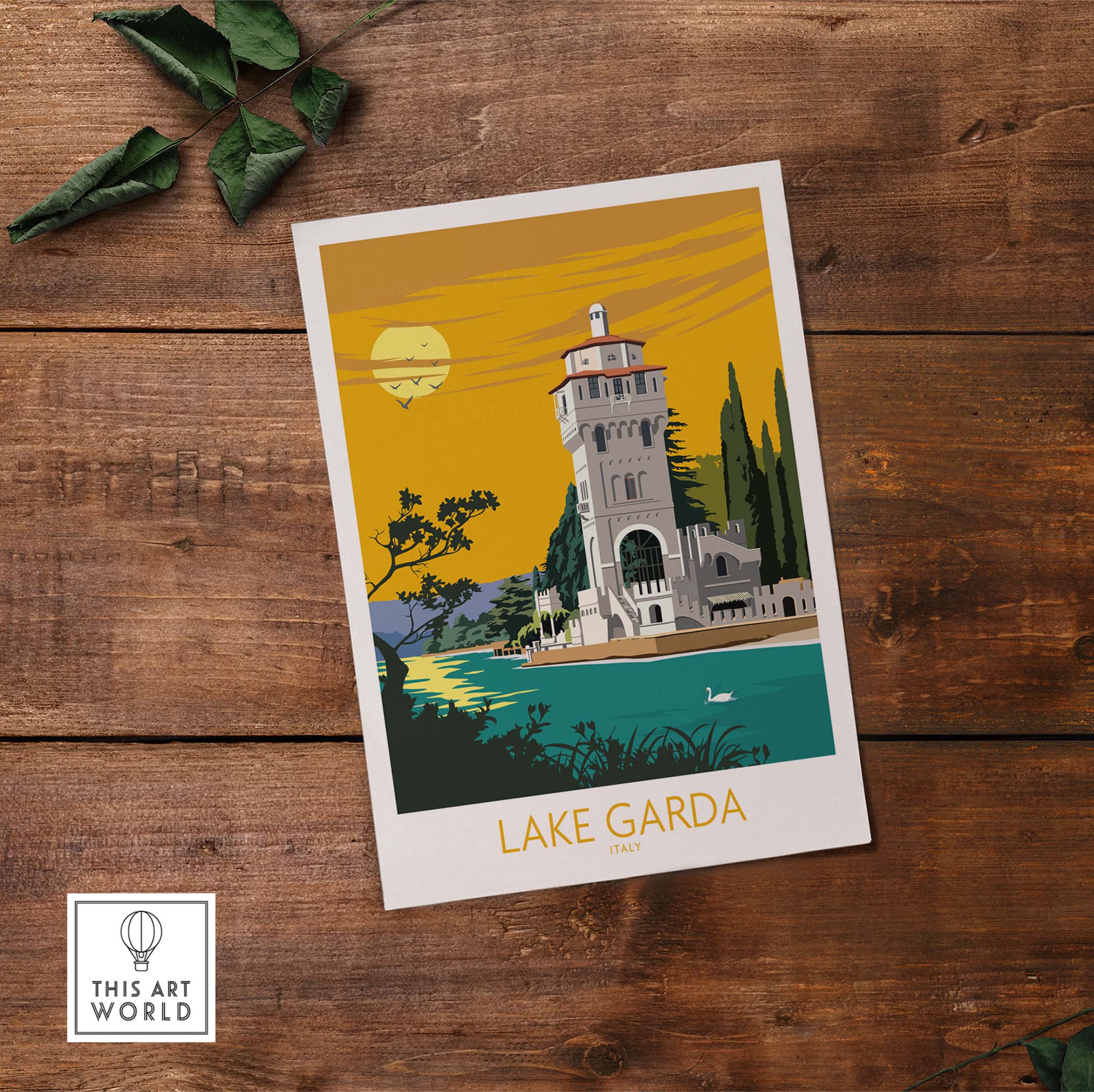 Lake Garda Italy vintage poster print showcasing a tower and scenic lake view with a sunset background.