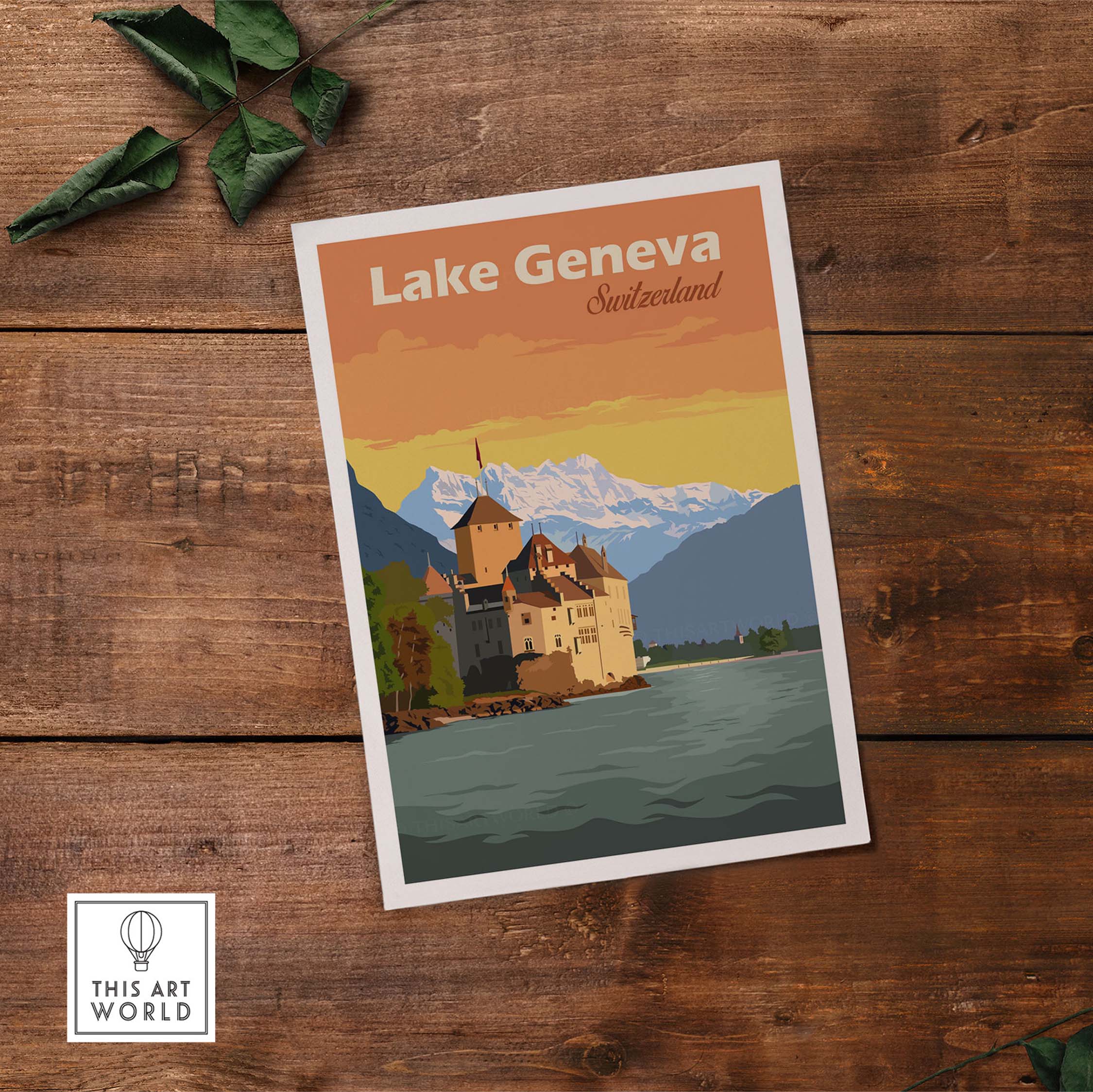 Vintage Lake Geneva poster print featuring a scenic view of the Swiss landscape and mountains.