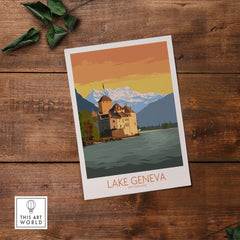 Lake Geneva Art Print showcasing Swiss mountains and a historic castle, perfect for travel decor.
