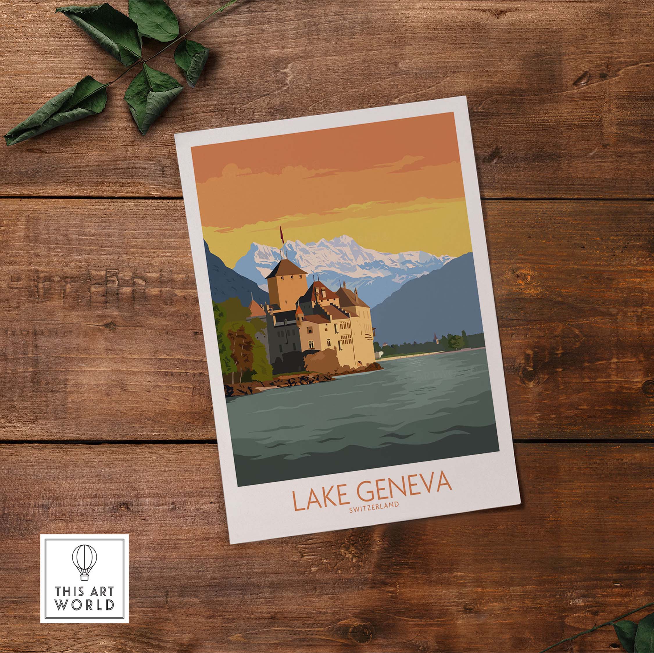 Lake Geneva Art Print showcasing Swiss mountains and a historic castle, perfect for travel decor.