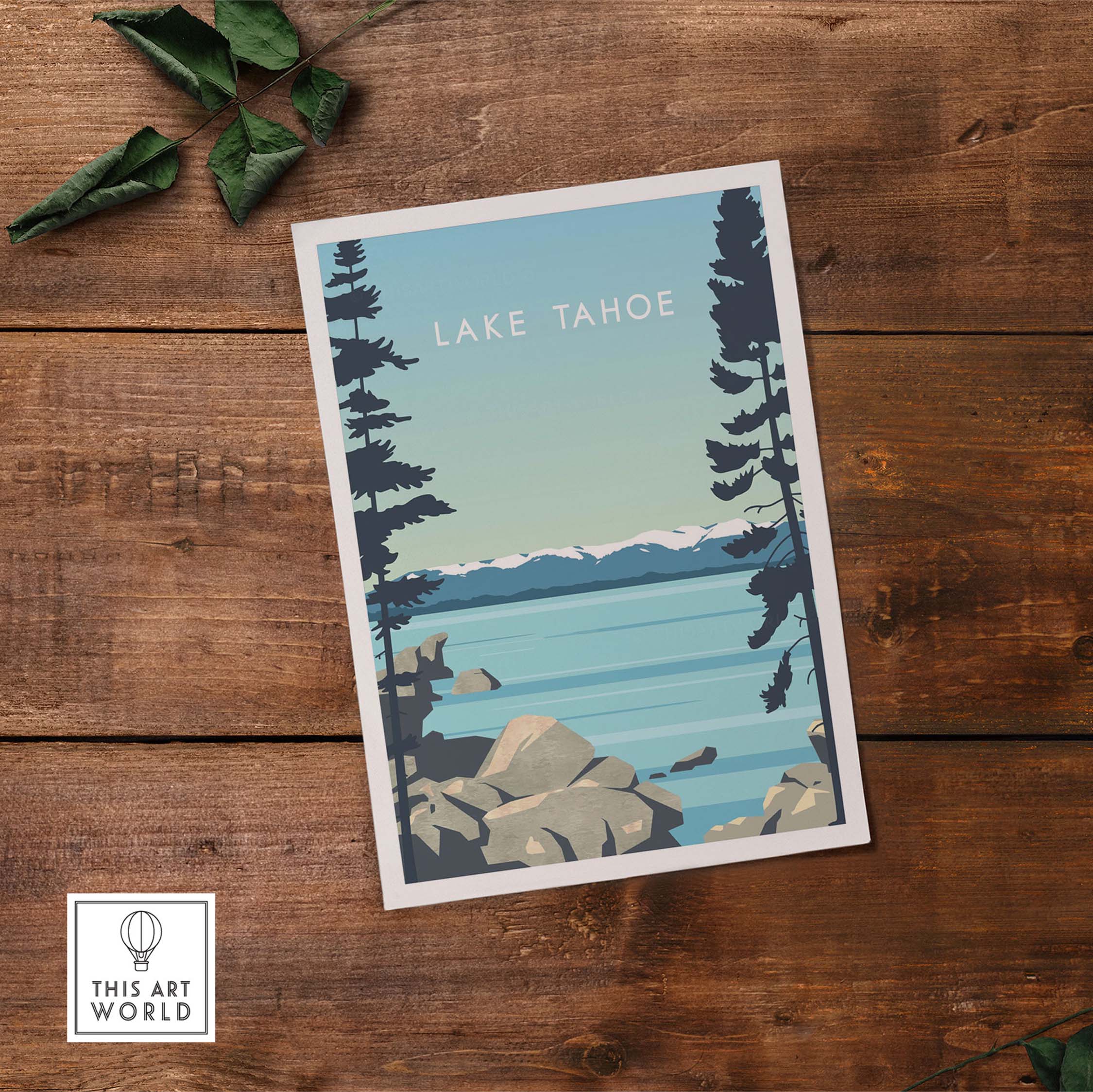 Lake Tahoe Print Wall Art Poster featuring serene lake and mountains, inspired by vintage travel art.