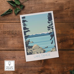 Lake Tahoe Print California featuring serene lake and mountains, inspired by vintage travel art, perfect for home decor.