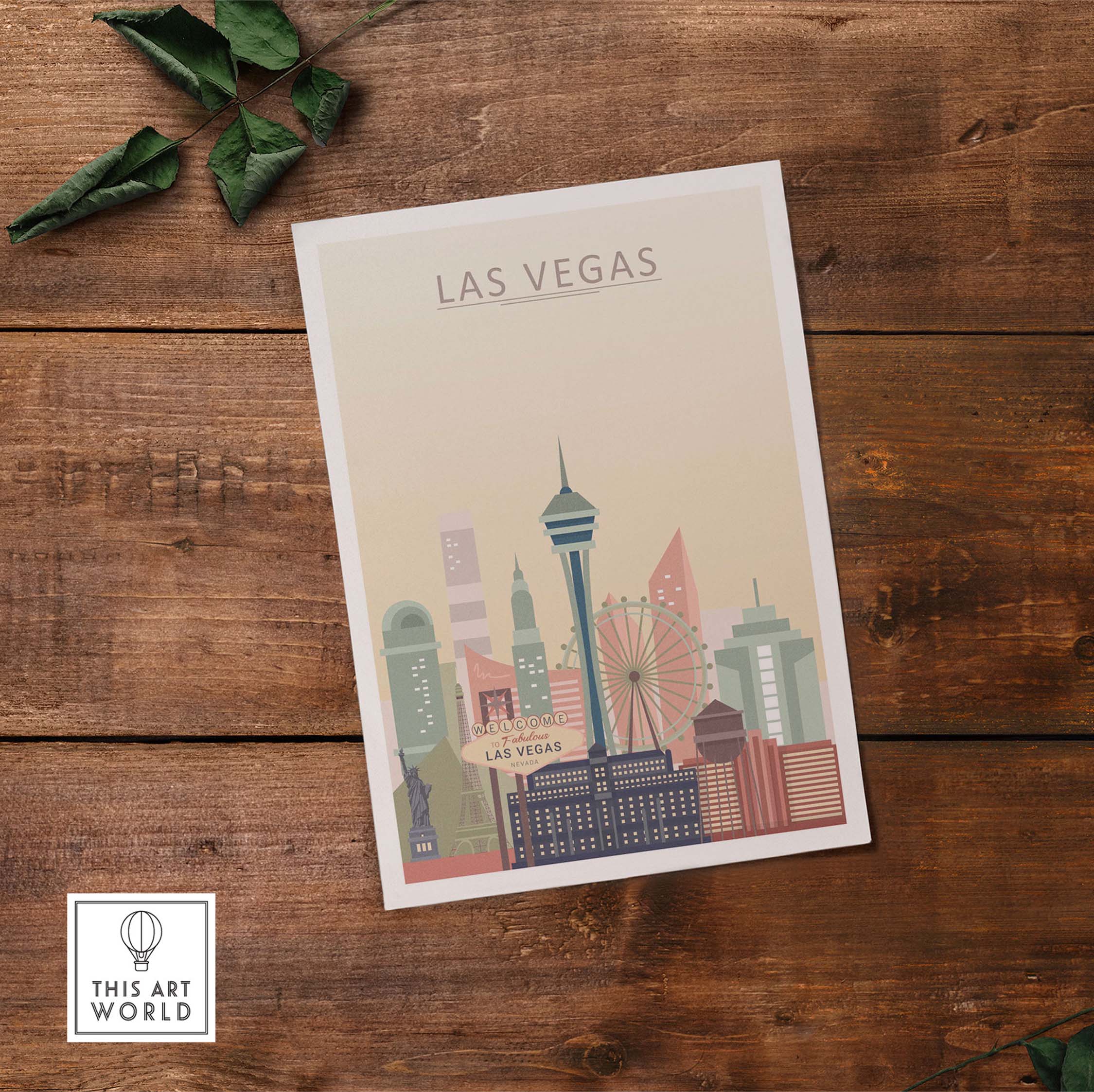 Las Vegas Skyline Poster featuring iconic landmarks in warm pastel tones on a wooden surface.